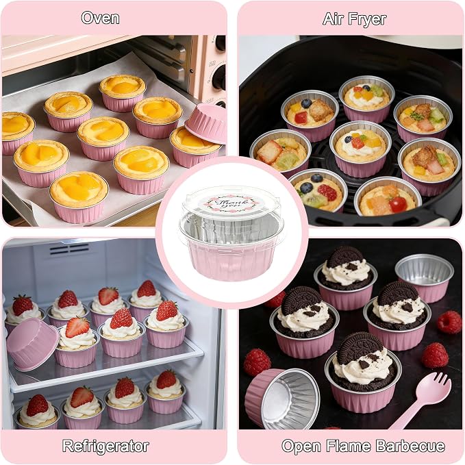 100 PCS Aluminium Foil Baking Cups, Mini Cake Pans with Lids and 100 PCS Spoons, 5 oz Disposable Baking Cups Foil Ramekins For Party Birthday Wedding Valentines (Pink)