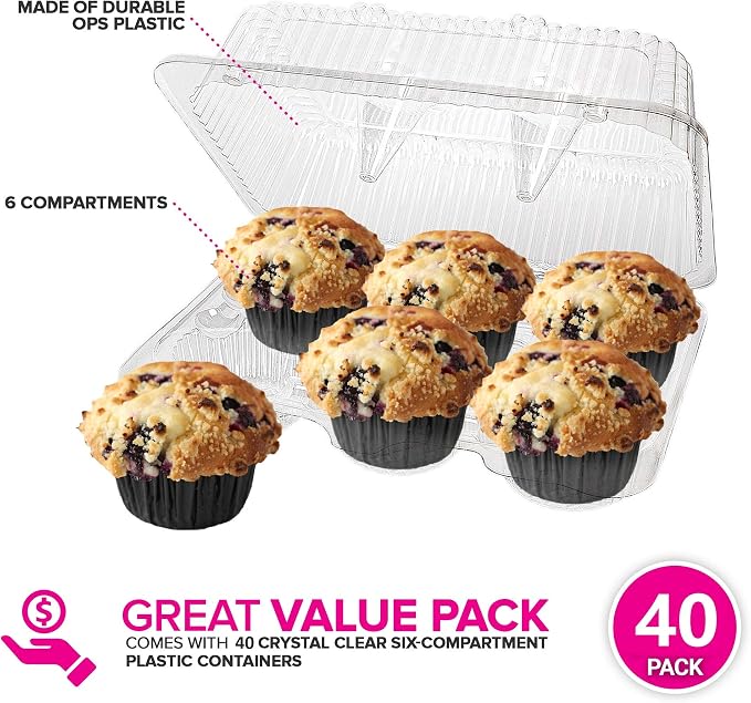 Stock Your Home 6-Compartment Plastic Cupcake Containers Disposable (40 Count) Clear Container with Connected Dome Lid, BPA Free, For Standard Sized Cupcakes