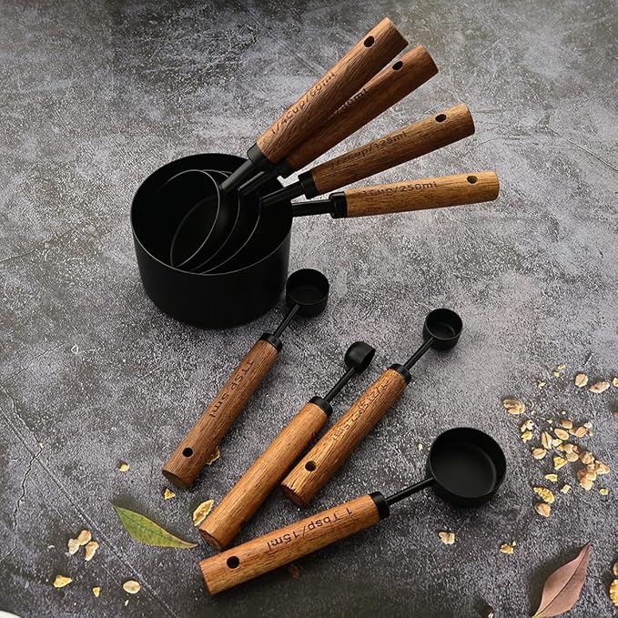 8 pieces Black Measuring Cups Set and Measuring Spoons Set with Scale, BRIIEC Wooden Handle Stainless Steel Dry & Liquid Measuring Cup for Cooking Baking