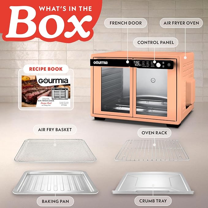 Gourmia French Door Air Fryer Oven - 37 Qt Large Capacity Convection Toaster Oven, FryForce 360°, Digital Display, 12 Cooking Presets, Dehydrate, Fits 13” Pizza, Dishwasher-Safe, Peach
