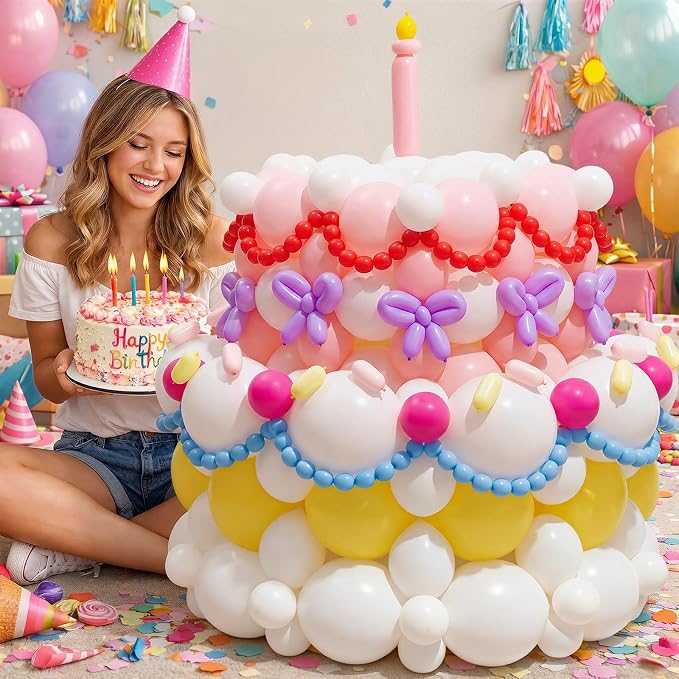 209 Pcs Colorful Birthday Cake Balloon Set Pastel Balloon Kit Macaron Pink White Yellow Rose Red Blue Purple Balloons for Birthday Baby Shower Wedding Anniversary Party Decorations Supplies