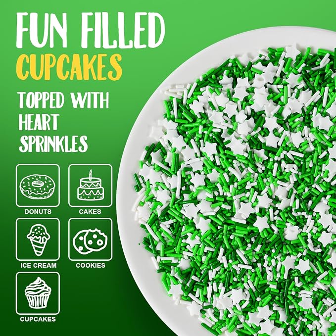 St Patrick's Day White and Green Jimmies Star Sprinkles - 7oz Edible Sprinkle Mix, Irish Themed Jimmy Sprinkles Toppers for Decorating Baking Cupcakes Cake Cookies Ice Creams Candy Irish Shamrock Party