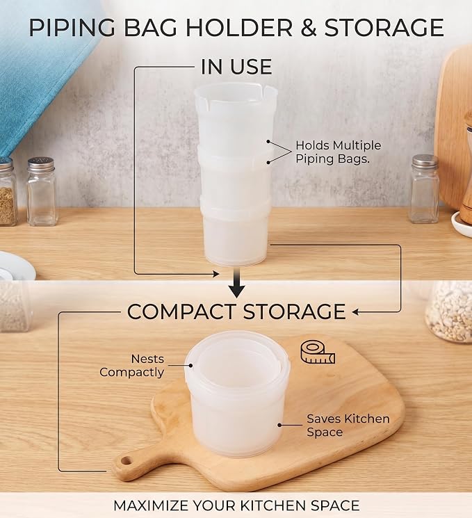 2 Pack Piping Bag Holder Stand Kit, 2 Clear Detachable Holders with Reusable Silicone Icing Bags and 10 Pink Clips, Hands-Free Frosting Filling Tool for Cake, Cupcake, Cookie Decorating