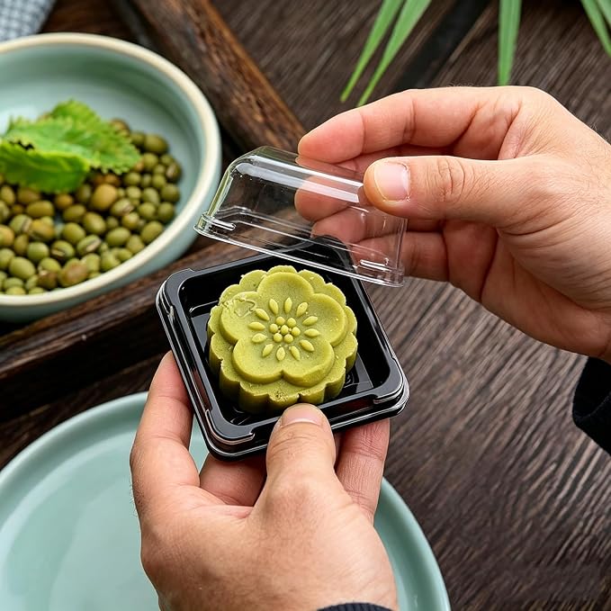 EchoDone Plastic Mini Cupcake Boxes Muffin Mooncake Single Container | Square Black Clear Mini Cupcake Box 50 Set for Wedding Birthday Party Use