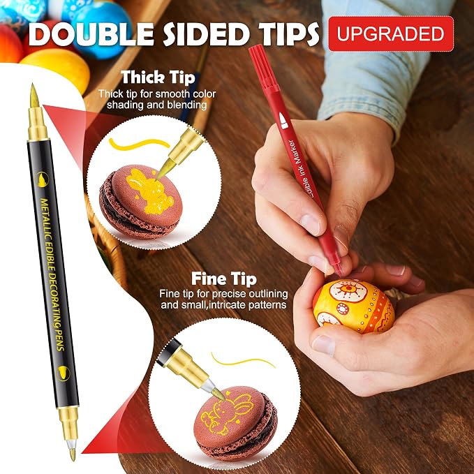 Edible Markers for Cookie Decorating, 10Pcs Food Coloring Pens Double Side Food Grade Edible Pens with Fine & Thick Tip for Cakes, Easter Eggs, Fondant, Cookies, Frosting, Painting, Baking, Macarons
