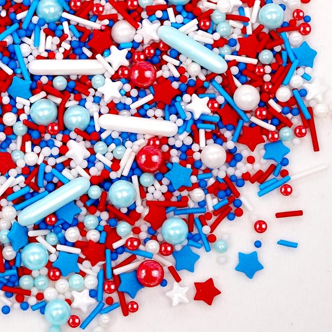 Edible Patriotic Sprinkles, 4th of July, 130g/4.59oz, Red White and Blue Sprinkles for Cake Decorating, Cake Decorations, Cupcake Toppers (Stars/Jimmies/Nonpareils）