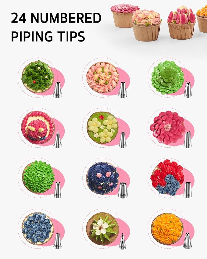 Syntus 65 PCs Cake Decorating Kit with Cake Stand Turntable, Cake Baking Supplies 30+1 Piping Bags, 24 Piping Tips, Offset & Straight Spatulas, 3 Scrapers, Leveler, 2 Couplers & 1 Tips Brush