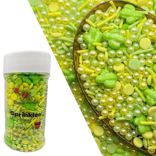 CandiJumpin Edible Cactus Sprinkles, Green and Yellow Pearl Sprinkles Easter Sprinkles Crunchy Jimmies Edible Pearls for Cake Decorating Pearl Decoration for Baking Baby Shower St Patricks Day Birthday Wedding Christmas Supplies 3 OZ