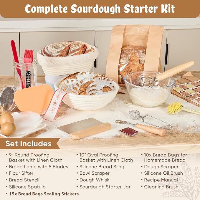 Sourdough Starter Kit, Banneton Bread Proofing Basket Baking Gift Set, Sourdough Bread Baking Supplies, Sourdough Tools with Starter Jar, Bread Sling, Bread Lame, Bread Making Tools