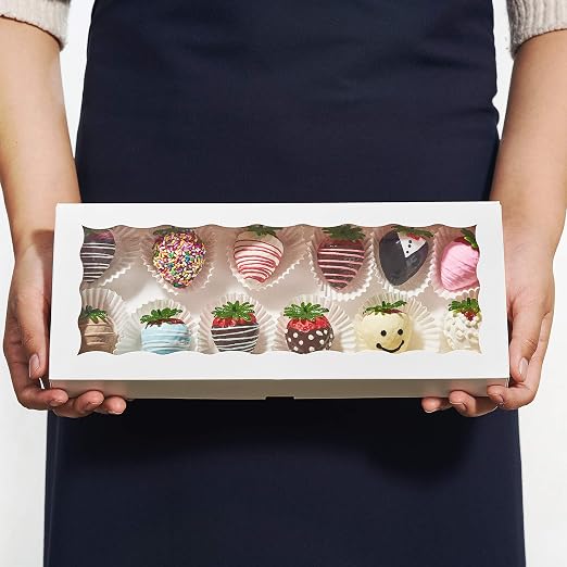 50PCS 12 x 5 x 1.5 inches Auto-Popup One Piece Premium Cookie Boxes, Mini Strawberry Boxes, Bakery Box for Holiday Cookie Gift Sets