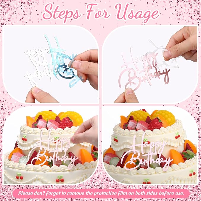 Barydat 24 Pieces Pink Happy Birthday Cake Toppers Mirror Acrylic Cupcake Topper Happy Birthday Sign for Cake Side Cupcake Decorations, 6 Styles