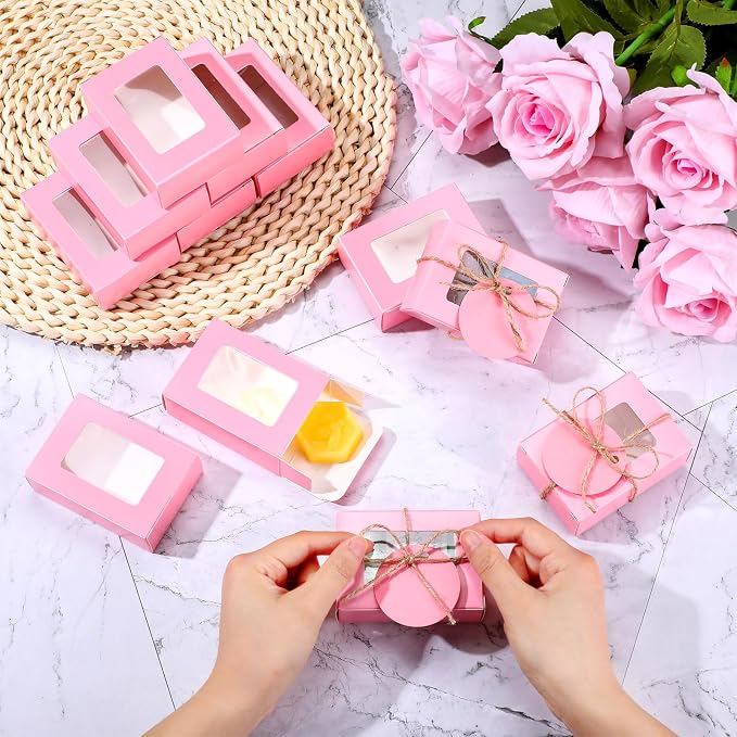 Zhanmai 100 Set Pink Small Soap Boxes for Homemade Soap, 3.35 x 2.36 x 1.2 Inch Paper Packaging Boxes with Window, with 100 Tag and Twine, Gift Wrapping Supplies for Bakery Candy Cookies Party Favors