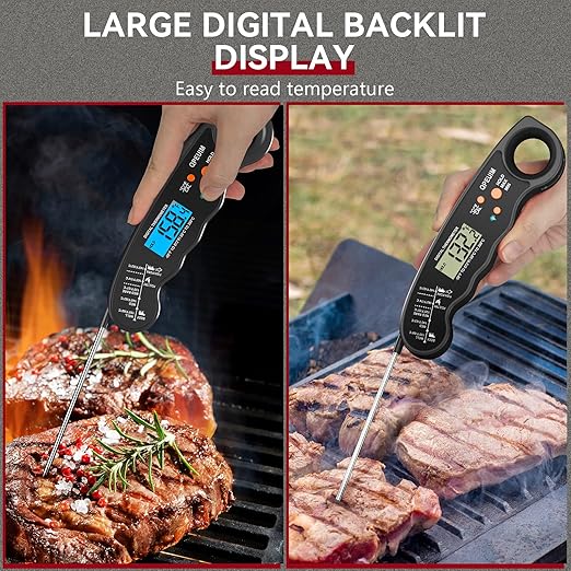Meat Thermometer Digital, Instant Read Food Thermometer, Waterproof Food Thermometer with Backlight for Grilling and Cooking, BBQ, Deep Fry, Turkey, Candy, QPEUIM-Black