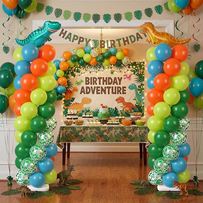 Skylety 2 Sets Dinosaur Balloon Column Stand Kit Adjustable Dino Green Orange Blue Balloon Tower Stand with Bases for Jungle Dino Birthday Wedding Graduation Party Baby Shower Decorations Supplies