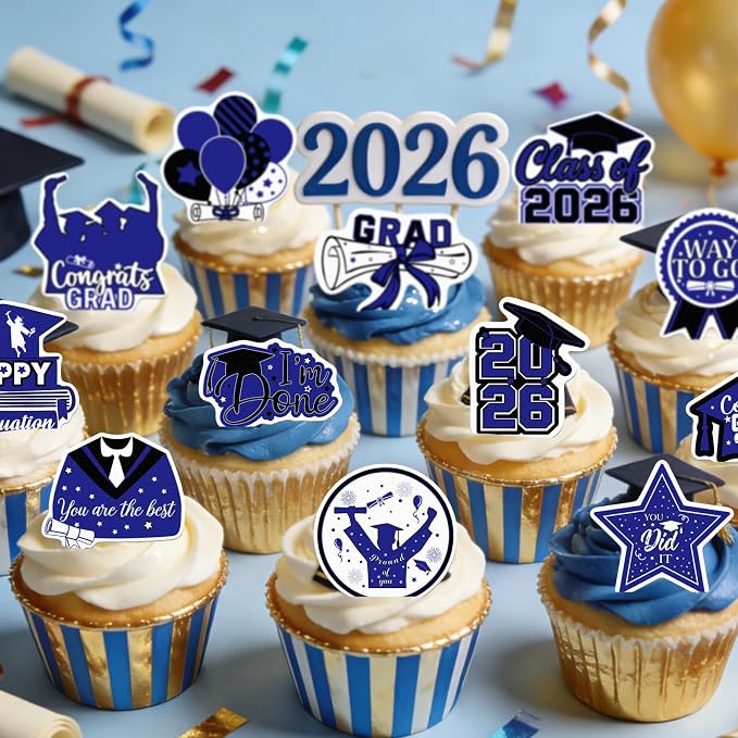 48pcs Edible 2026 Graduation Cupcake Toppers Wafer Paper Blue Class of 2026 Cake Decorations Edible Congrats Grad Cupcake Picks for 2026 Graduation Theme Party Cake Supplies