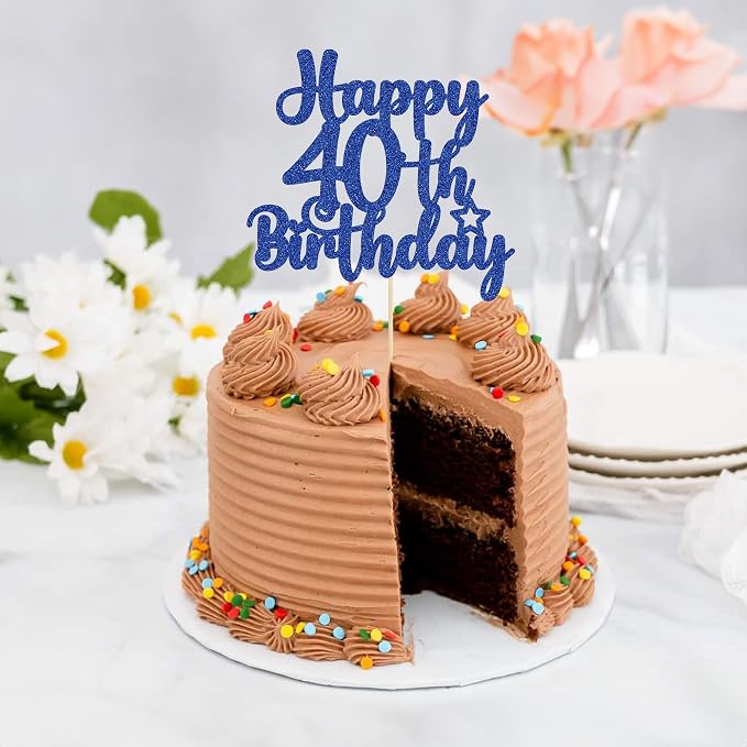 Gyufise 1Pc Happy 40th Birthday Cake Topper Glitter Cheers to 40 Years Old 40th Birthday Cake Pick for Celebrating 40th Birthday Anniversary Party Cake Decorations Supplies Blue