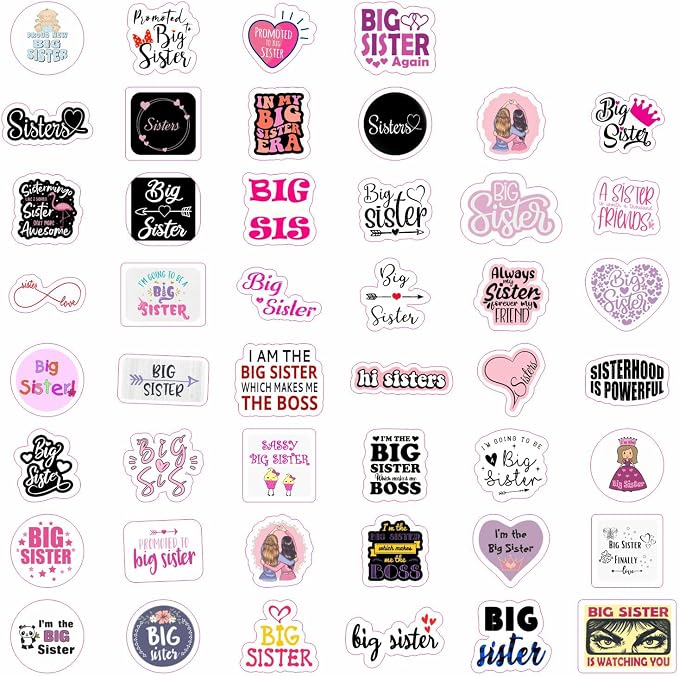 100Pcs Big Sister Stickers for Water Bottle and Laptop - Big Sister Party Supplies & Decorations, Waterproof Vinyl Decals, Sibling and Family Stickers, Gifts for Women & Men