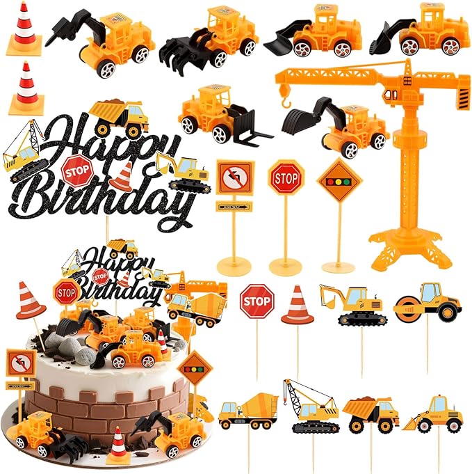 21PCS Construction Cake Toppers Truck Cake Decoration Set Excavator Tractor Tower Crane Cupcake Topper Traffic and Road Sign for Construction Happy Birthday Party Supplies