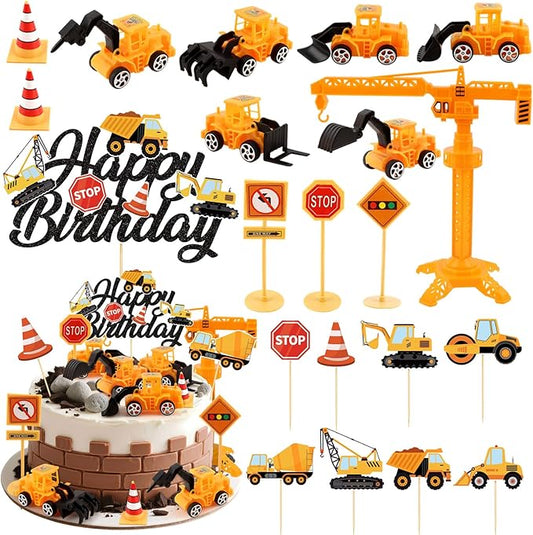 21PCS Construction Cake Toppers Truck Cake Decoration Set Excavator Tractor Tower Crane Cupcake Topper Traffic and Road Sign for Construction Happy Birthday Party Supplies