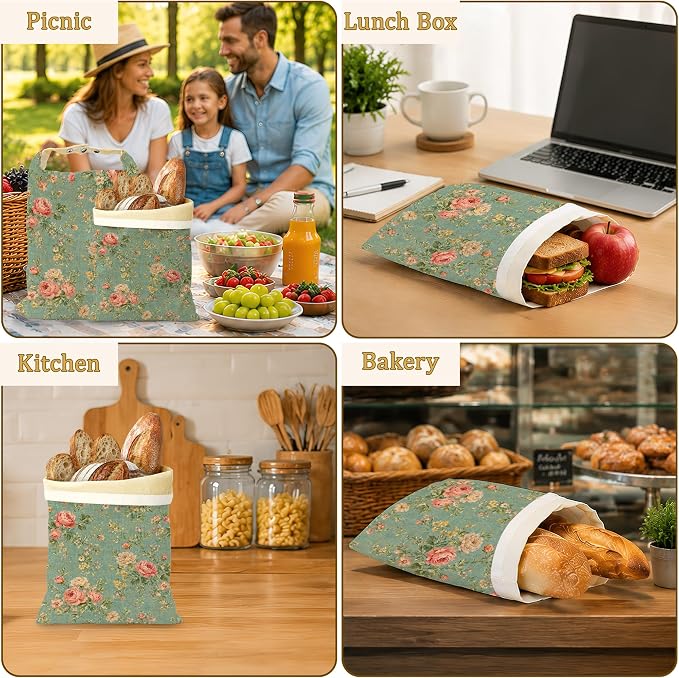 Pink Rose Bread Bags for Homemade Bread, Botanical Vine 2 Pack Linen and Beeswax Sourdough Storage Bags, Reusable Keeper, Keeps Breads Fresh Longer, Gifts for Bakers