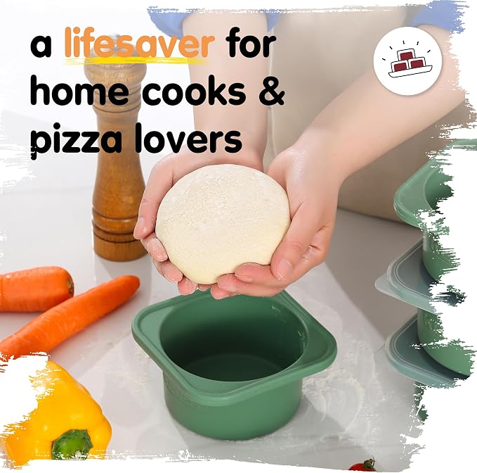 1000ml PLUS Individual Pizza Dough Proofing Containers with Airtight Lids – Food Grade Silicone, Freezer/Fridge/Dishwasher Safe – For Margherita, Pepperoni, Neapolitan Pizza – 2 Pack (Green)