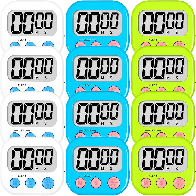 ZILLEEN 12 Pack Kitchen Timers for Cooking Digital Classroom Timers for Teachers Kids White Blue Green