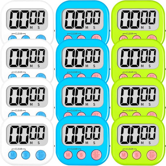 ZILLEEN 12 Pack Kitchen Timers for Cooking Digital Classroom Timers for Teachers Kids White Blue Green