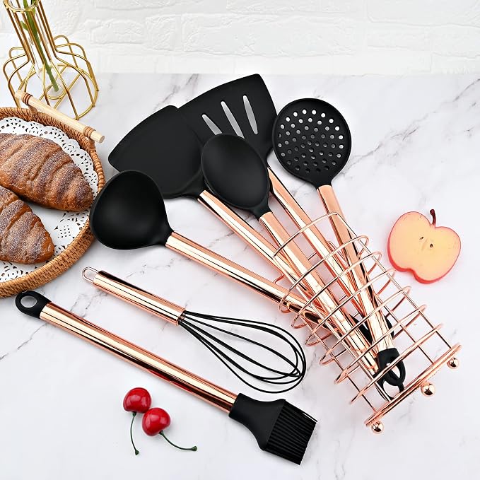 1pc Black & Copper Silicone Egg Whisk, Balloon Egg Beater, Stainless Steel Handle Cooking Utensils for Blending Whisking Beating Stirring Cooking Backing