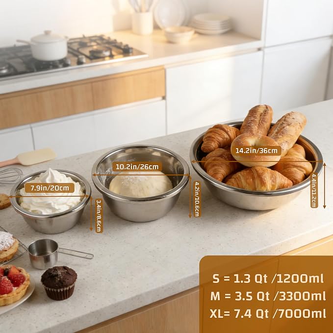 Mixing Bowls Set of 3, Stainless Steel, 7.9, 10.2 and 14.2 Inch | Three stainless steel bowls in 7.9, 10.2 and 14.2 inch sizes for baking, dough, salads and everyday kitchen prep