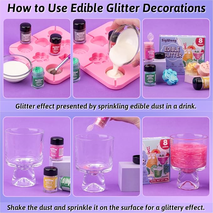 Edible Glitter - 8 Colors Luster Dust Edible Set for Drinks, Food Grade Edible Glitter Dust for Cake Decorating, Cocktail, Fondant, Strawberries, Candy, Cookie, Chocolate, Vegan and Gluten Free - 5g/bottle