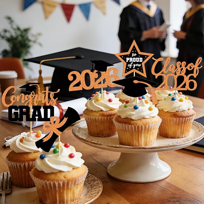 48 PCS Graduation Cupcake Toppers 2026, 6 Styles Grad Cake Topper, Black and Orange Graduation Decorations, Glittery Cap and Diploma Cake Picks for Congrats Grad Decor Party Supplies