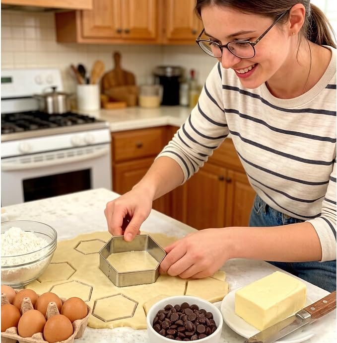 5pcs Hexagon Cookie Cutter Set, with 50pcs Thick Piping Bags Stainless Steel Soccer Ball Cookie Cutter Football Cake Decorations | Geometric Biscuit Sandwiches Fruit Cutter for Birthday Cake Cupcake