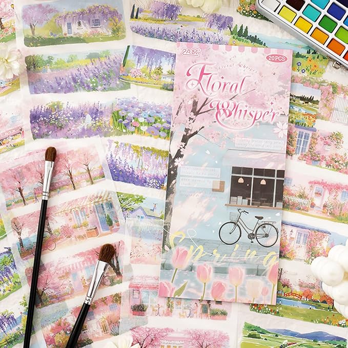 Sakura Series Sticker Scrapbooking Supplies for Junk Journal, 10 Sheets PET Stickers and 10 Sheets Washi Stickers