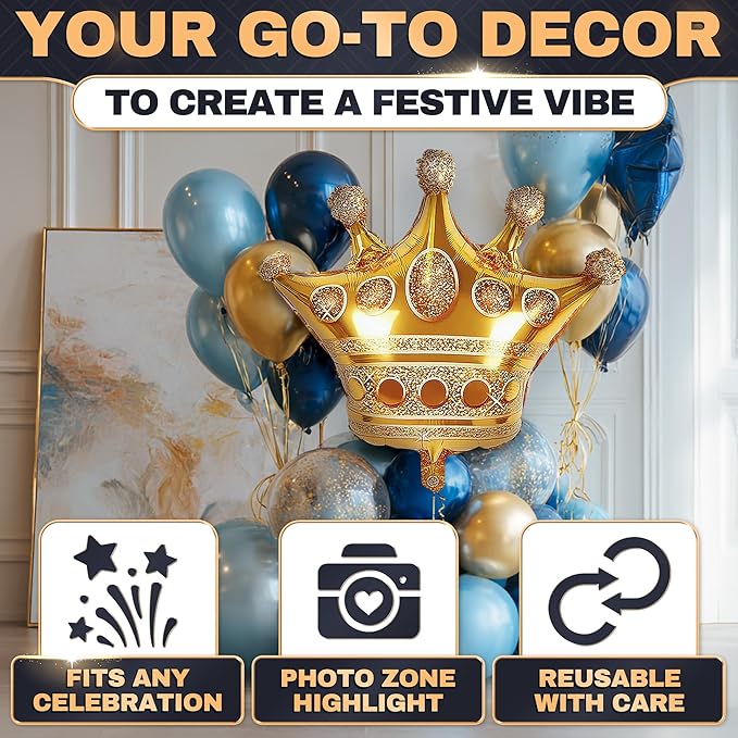 3 Pcs Gold Crown Balloons - Foil Princess Balloons Set, Large 38.2" X 35.4" Gold Crown Balloon - Reusable Design for Photo Zones, Birthday Parties, Weddings, Graduations & Princess Party Decorations