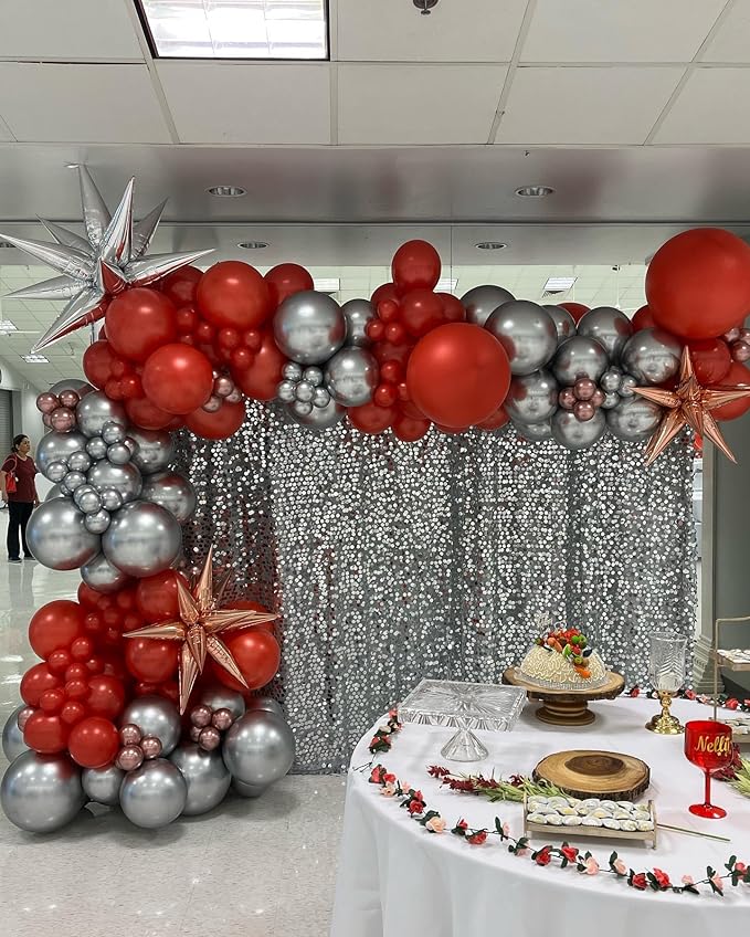 Bonropin 161pcs Red and Black Balloon Arch Kit with Explosion Star Balloons, 5/10/12/18in Red/Black and Metallic Silver Balloons Garland Kit for Birthday Prom Graduation Party Decorations