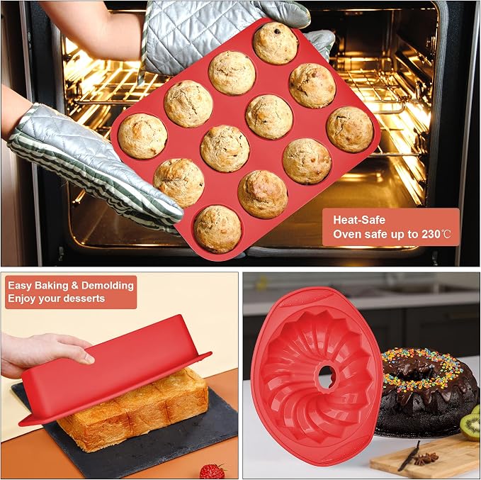 9-in-1 Nonstick Silicone Baking Pan Set, Fluted Cake Muffin Loaf Bread Pizza Cupcake Mold Tray, Heat Resistant Bakeware Utensils Kit