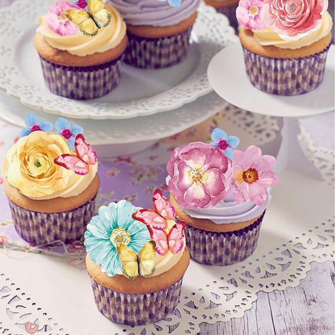 102Pcs Edible Flowers & Butterfly Cake Topper Cupcake Toppers Wafer Paper Wedding Themed Party Birthday Party Decoration Supplies Mixed Size & Colour