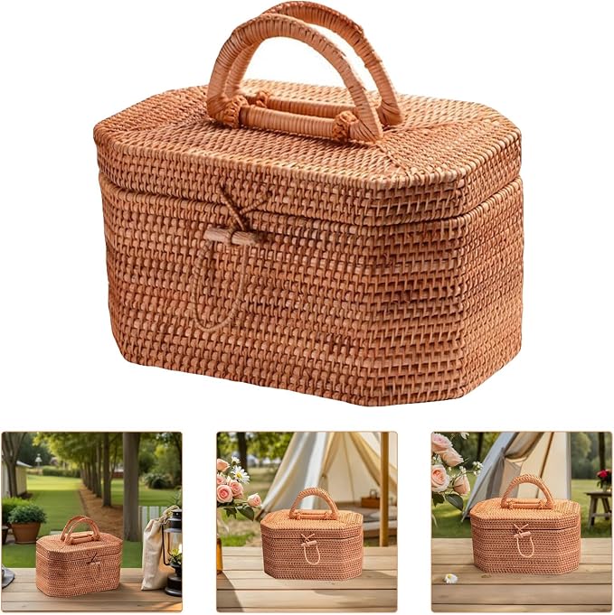 Zerodeko Rattan Storage Box 10.62 Inch Woven Basket Portable Fruit Storage Basket with Lid for Kitchen Dining Home Decor Organizer