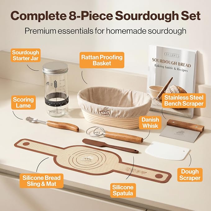 EDELHAUS Banneton Proofing Basket Complete Set Oval – Complete Sourdough Bread Baking Kit with Banneton Basket, Dough Tools, Sourdough Starter Jar, Bread Lame, Bench Scraper & Baking Mats