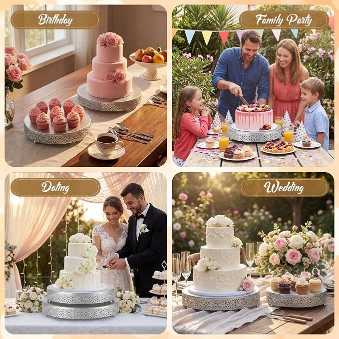 Wenqik 2 Pack Cake Stand Set, 14/16 Inch Metal Round Dessert Cupcake Stand Elegant Cake Decorative Display for Weddings Party Birthday Anniversary, Classic Floral, Silver