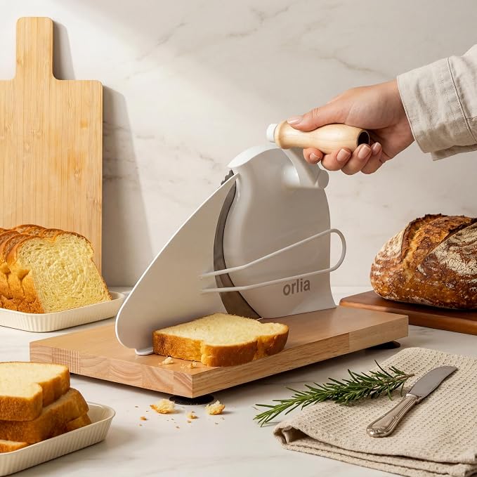 Bread Slicer for Homemade Bread – Adjustable Manual Bread Cutter for Sourdough Bread, Even Slices with Hand Crank, Serrated Blade, Scale Guide & Secure Base