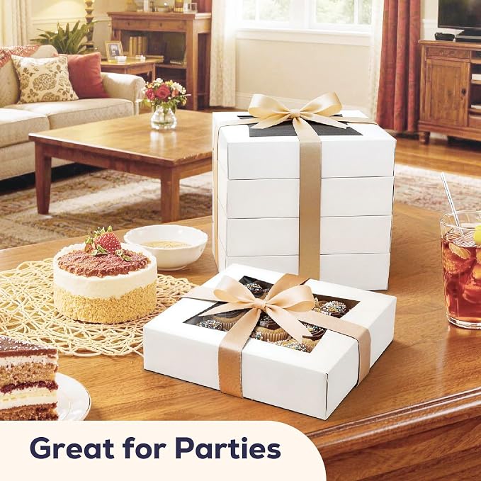 [25 Pack] Bakery / Pie Box with Window 10x10x2.5" - White Cardboard Packaging for Cupcake, Cookies and Pastry, Restaurant Containers And Personalized Favors