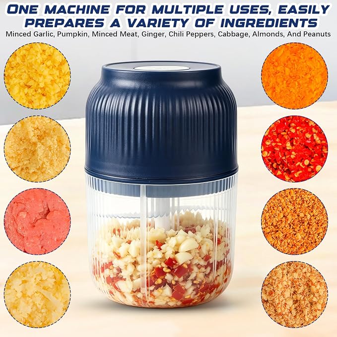 Electric Garlic Chopper 350ml, Portable Cordless Garlic Mincer, Powerful 6 Stainless Steel Blades Food Chopper with Lid, Mini Food Processor for Onion Ginger Chili Meat