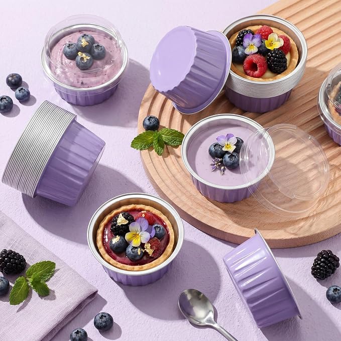 200 Pack Aluminum Foil Cupcake Liners with Lids, 5 oz Round Baking Cup, Disposable Ramekin Container for Graduation Wedding Independence Day Party(Taro Purple,Plain)