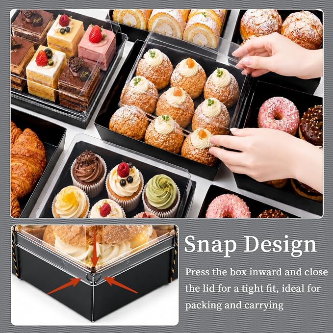 7 x 7 x 2.6 Inches Large Charcuterie Boxes with Clear Lids, 50 Pack Disposable Square Black Bakery Boxes, To Go Paper Food Container for Cake Slices, Sandwiches, Cookies, Dessert