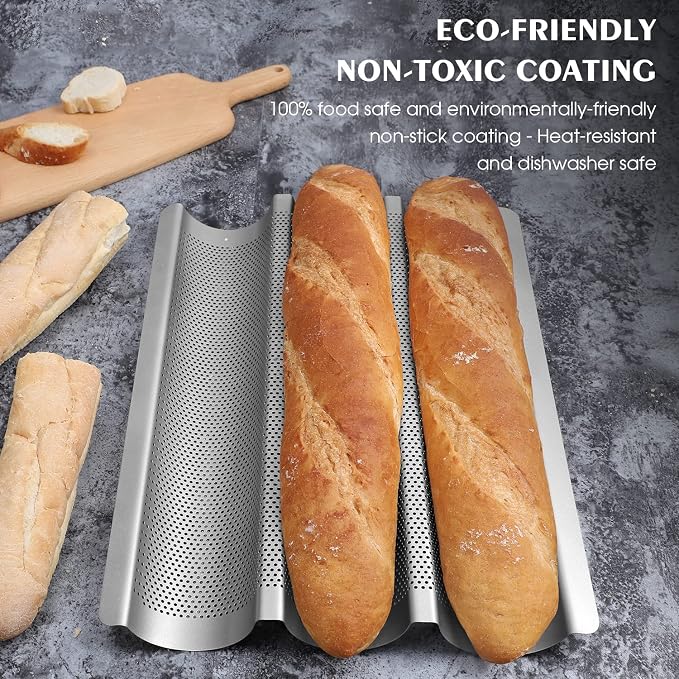 Baguette Pan, French Bread Pans For Baking Pan, Nonstick 3 Slots Perforated Italian Loaf Pan Mold Long French Bread Pan, Silver