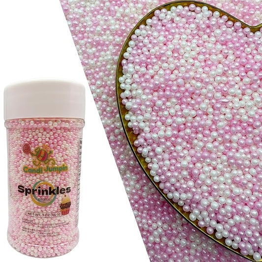 CandiJumpin 2mm Pink and White Edible Pearls, White and Pink Nonpareils Sprinkles Valentines Nonpareils Valentines Cake Decorations Small Pearl Sprinkles for Cake Decorating Mini Sugar Pearls for Baking Baby Shower Party Wedding Christmas Supplies 3 OZ