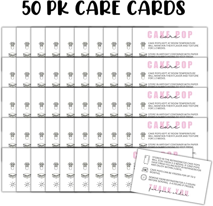 Cake Pop Care Instruction Cards | 50 pk 2x3.5” Client Storage Template Packaging DIY Cookie Cupcake Dipped Strawberry Baker Sweets Label