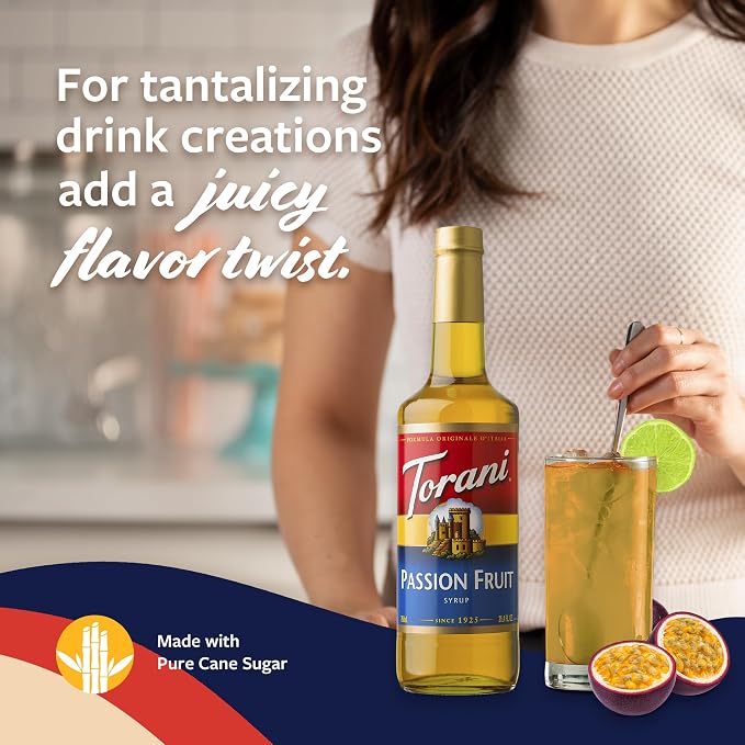 Torani Passion Fruit Syrup for Drinks, Flavoring for Iced Tea, Lemonade, Sodas, and Cocktails, Pump Included, 25.4 Oz