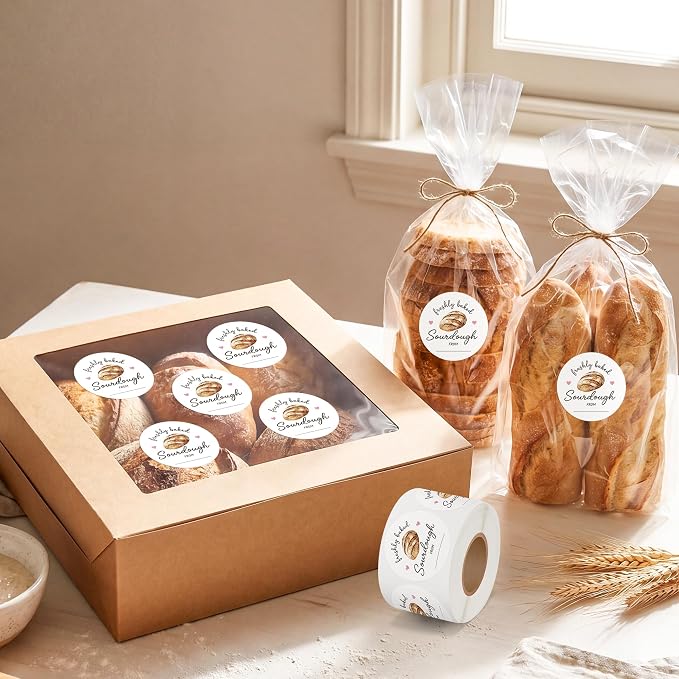 PANTIDE Freshly Baked Sourdough Labels Stickers - 500 Count Baked with Love Bakery Bread Adhesive Round Decal Roll, for Homemade Bread Bakery Small Business Sealing Food Packaging (2 x 2 Inch, White)